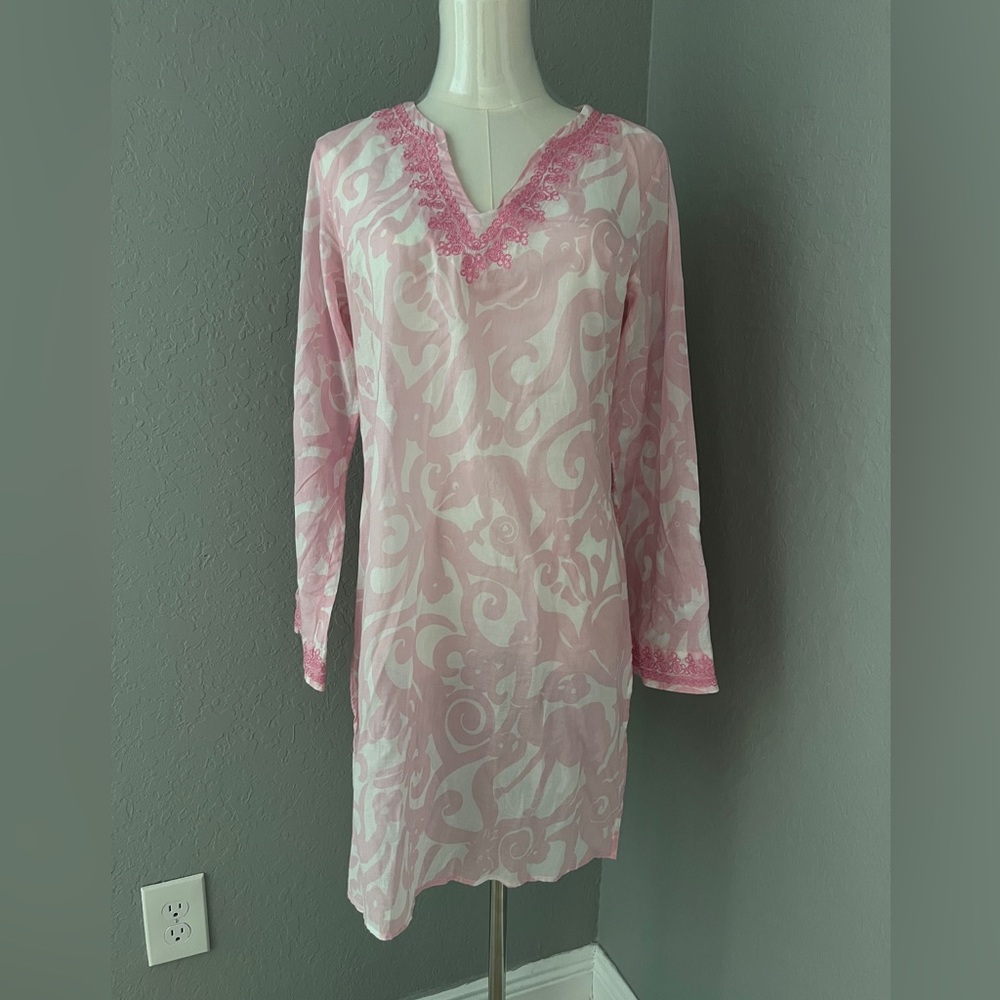 WHITE LABEL Lilly Pulitzer VINTAGE Pink and White Sheer TUNIC SWIM COVER UP S